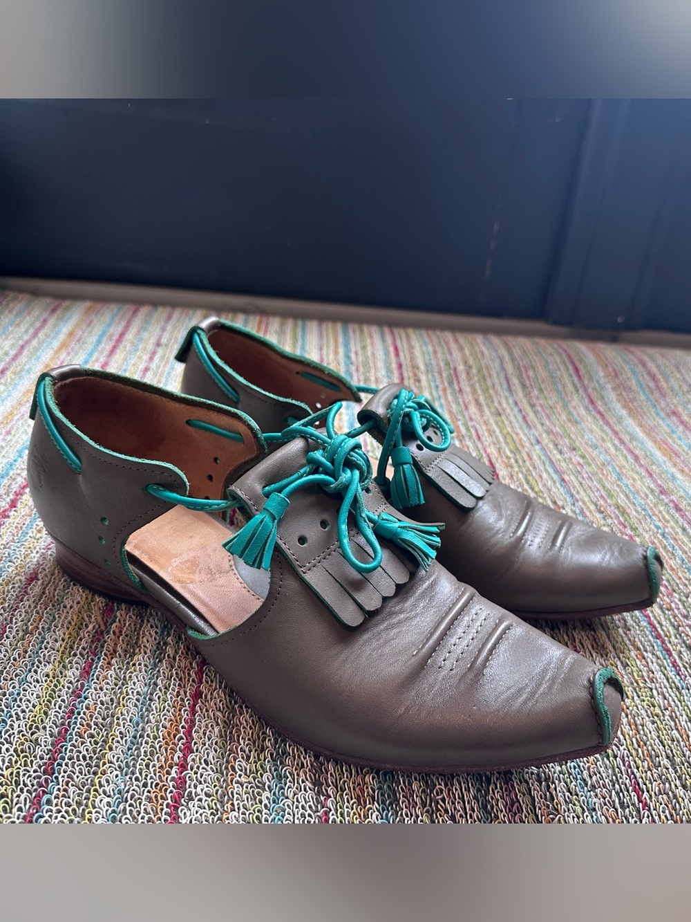 Fluevog EXCELLENT Le Tube Mile End kiltie dusky brown/teal tassel fringe flats-9